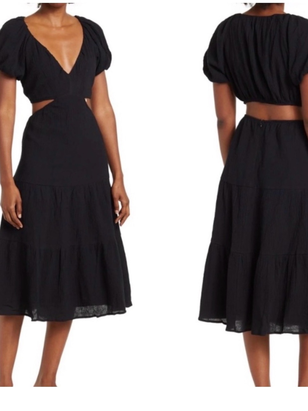Astr Black Midi Dress with Puff Sleeves and Side Cutouts